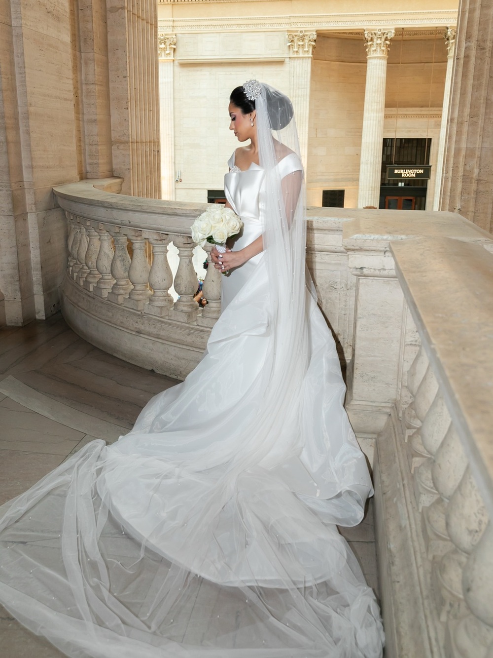 Elegant White Wedding Gown with Long pearl Veil